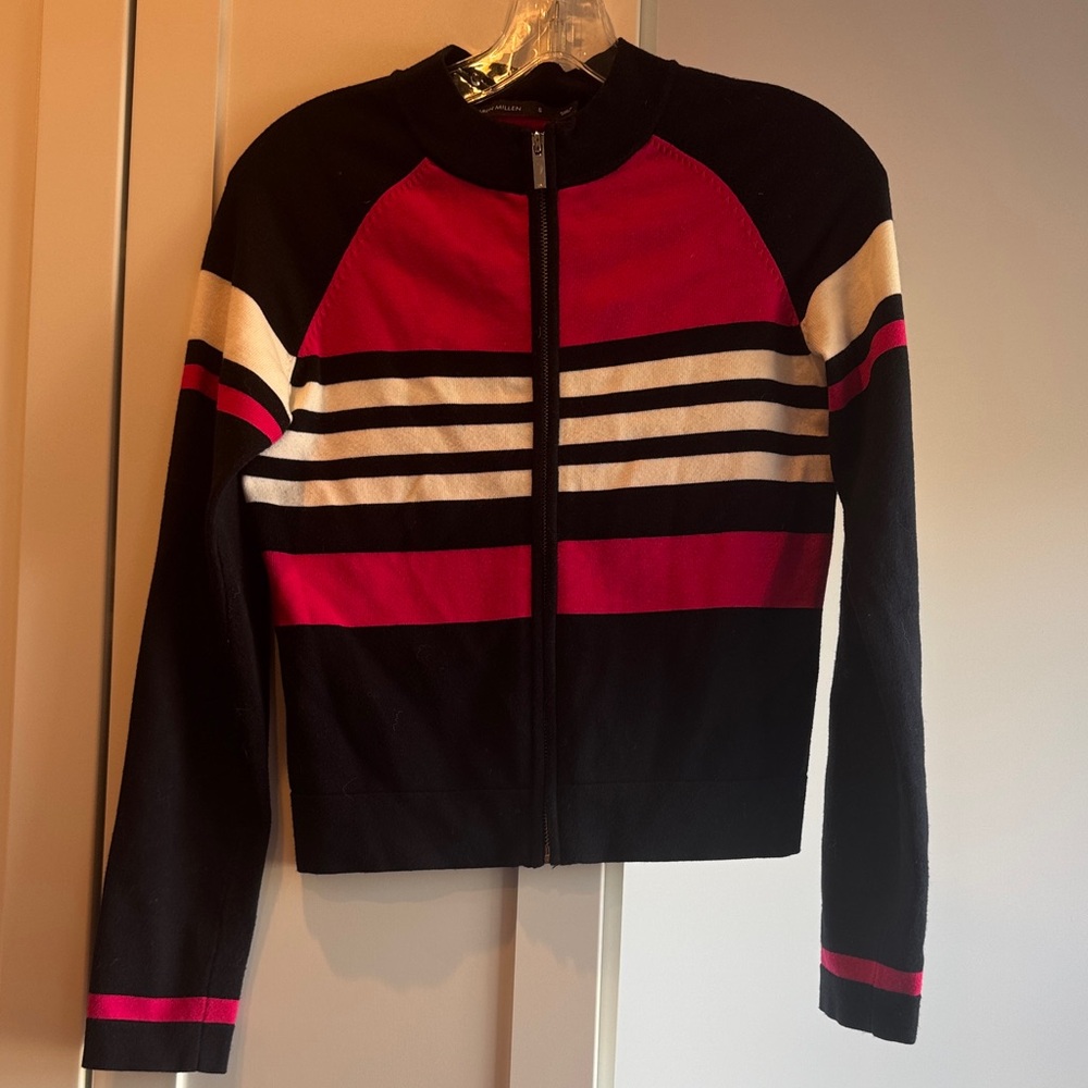 Karen Millen Black and Pink Striped Zip-Up Sweater Size Small